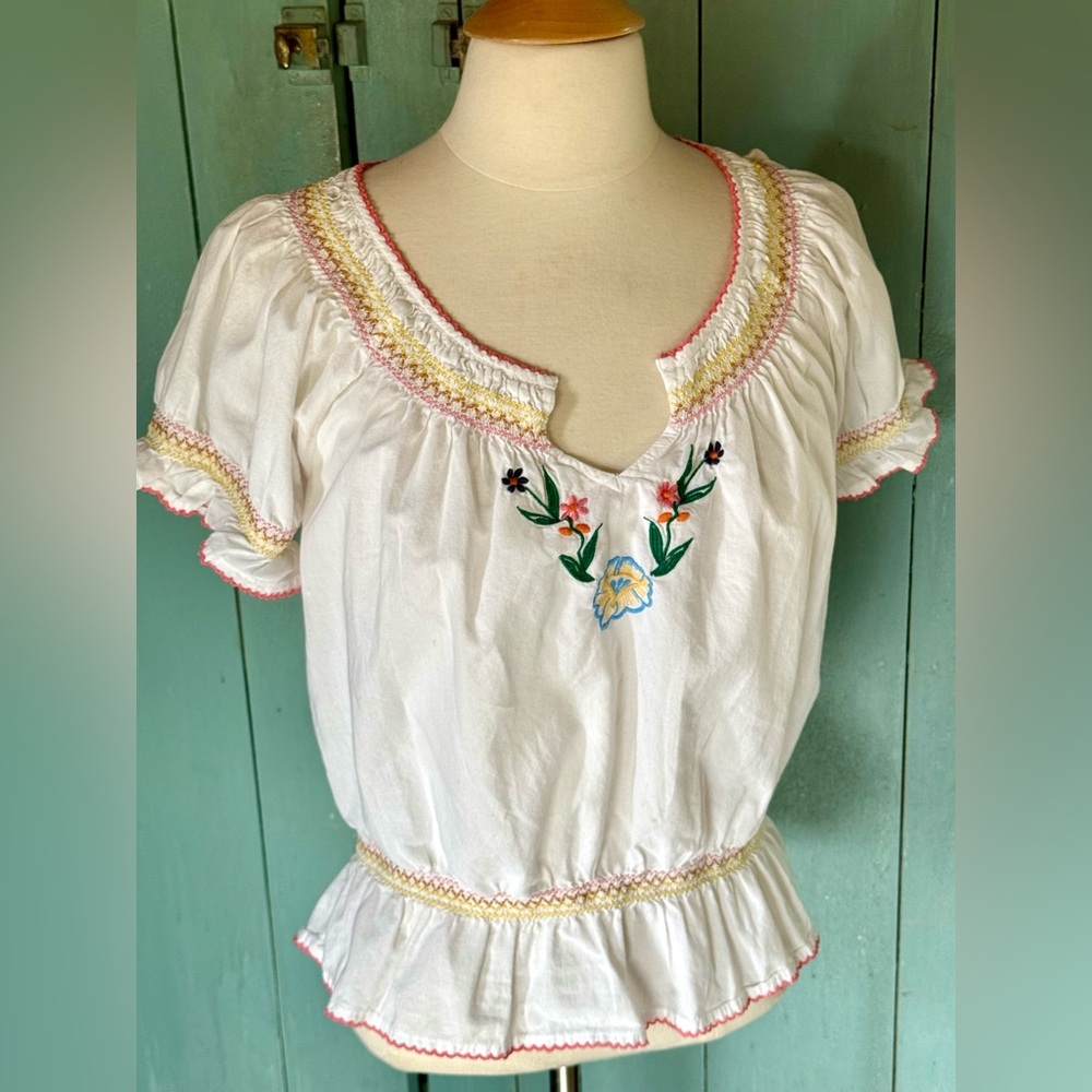 Band Linoblu Smocked Embroidered  Peasant Blouse Waist Gather M